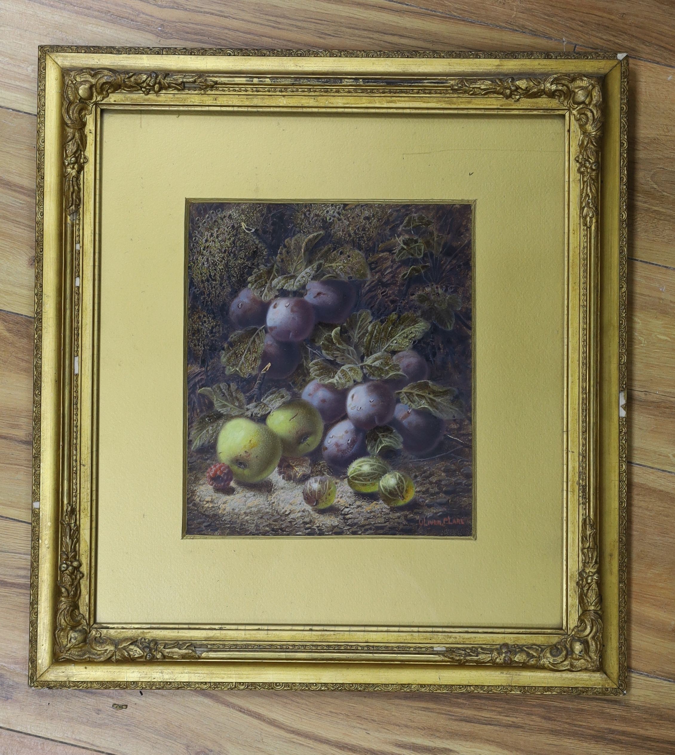 Oliver Clare (1853-1927), oil on card, Still life of apples, plums, raspberries and gooseberries, signed, 26 x 22cm